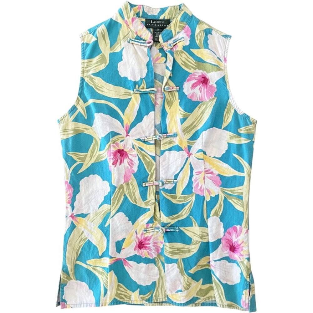 Lauren Ralph Lauren Cotton Floral Frog Closure Sleeveless Top Blue Pink Small